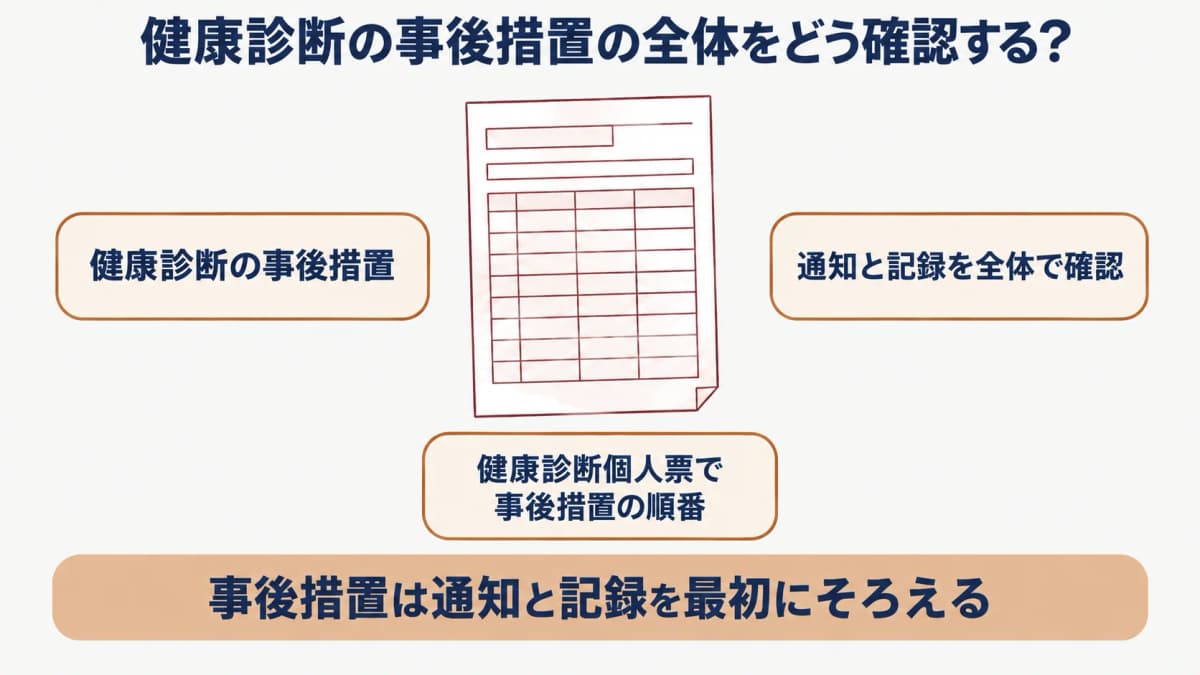 健康診断の事後措置:健康診断個人票で事後措置の順番を確認する図