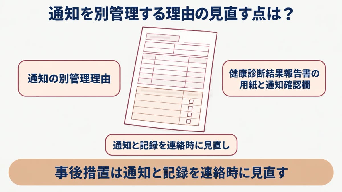 健康診断の事後措置:健康診断結果報告書の用紙と通知確認欄を示す図