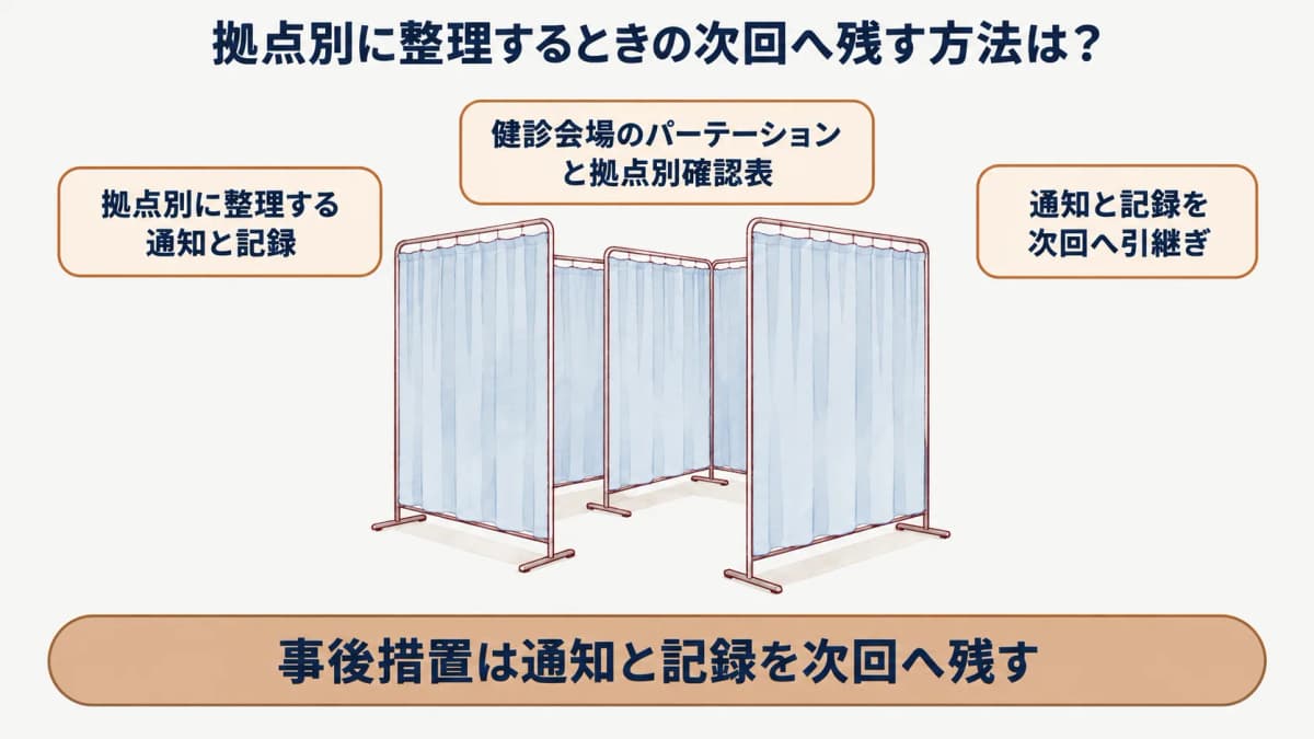 健康診断の事後措置:健診会場のパーテーションと拠点別確認表を示す図