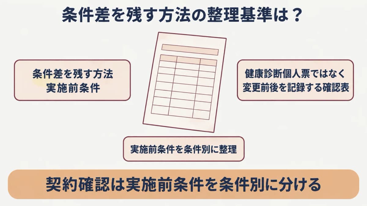 企業健診の契約確認:健康診断個人票ではなく変更前後を記録する確認表の図