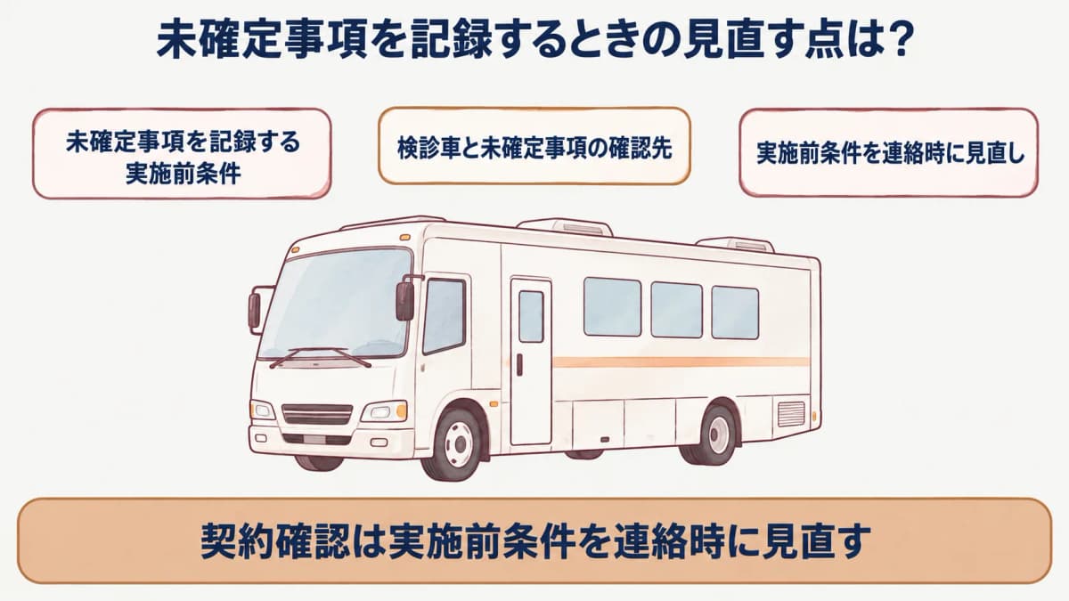 企業健診の契約確認:検診車と未確定事項の確認先を示す図