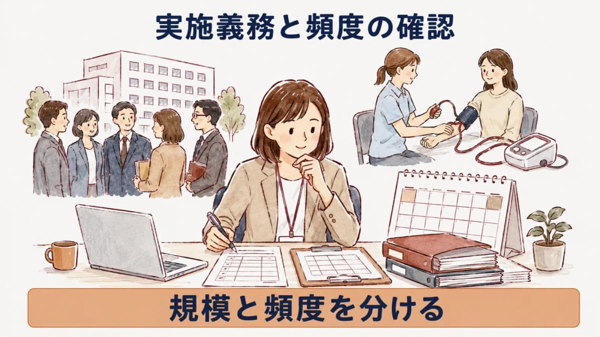 事業場規模と健診頻度を確認する担当者の図解