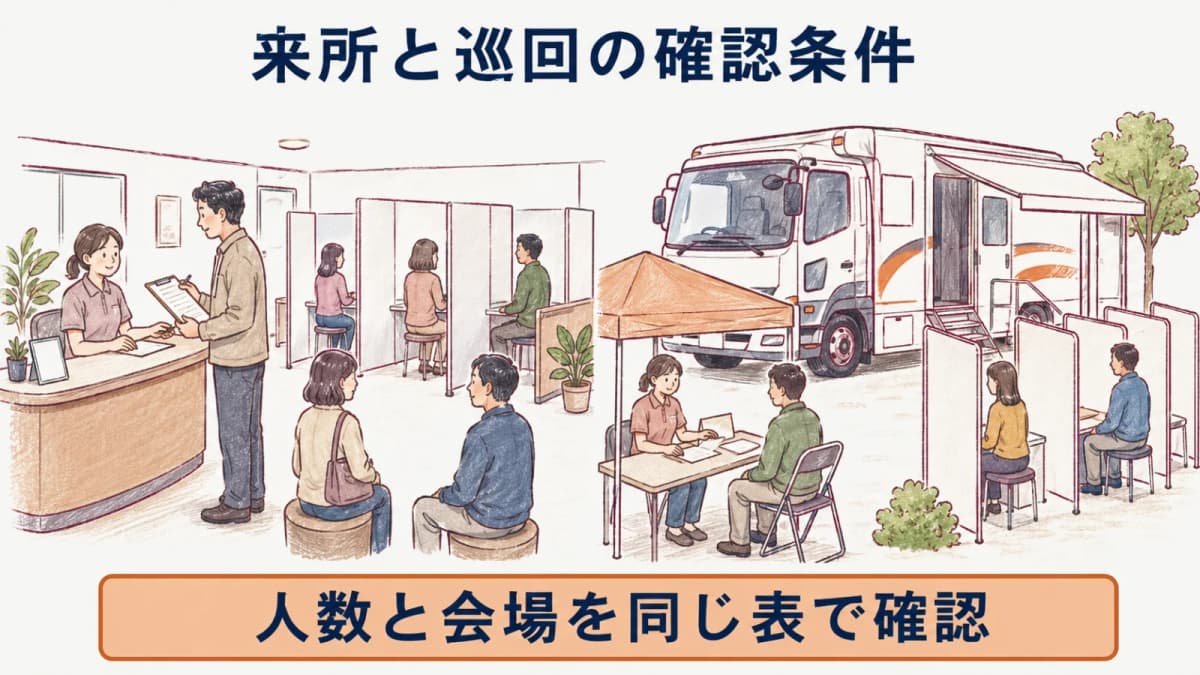 来所健診と巡回健診の確認条件を並べた図解