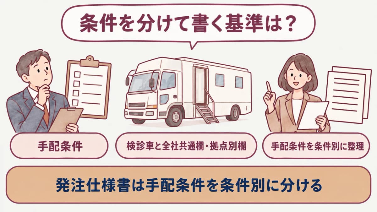企業健診の発注仕様書:検診車と全社共通欄・拠点別欄を分ける図