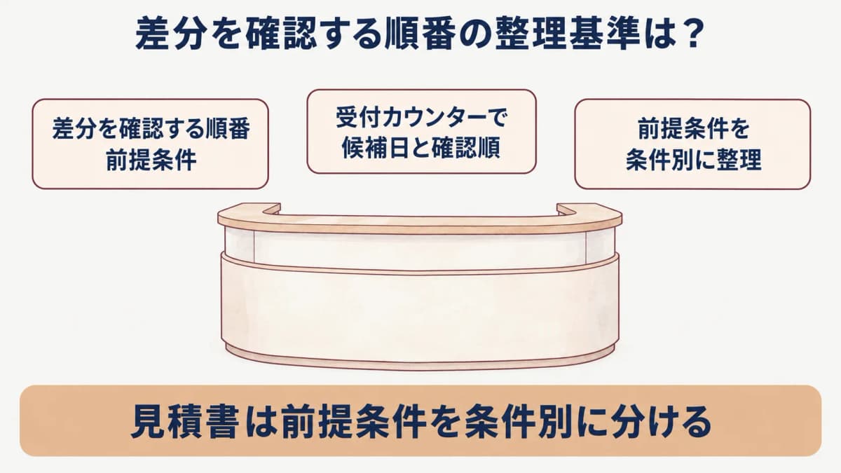 法人健診の見積書:受付カウンターで候補日と確認順を整理する図