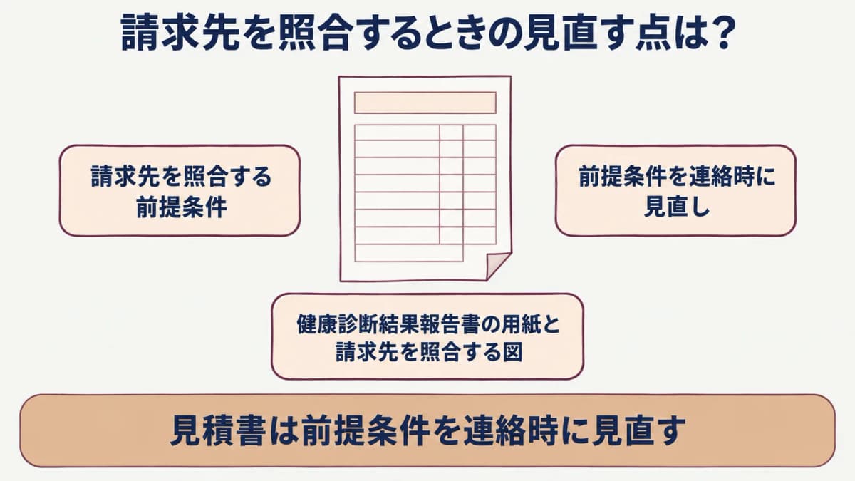 法人健診の見積書:健康診断結果報告書の用紙と請求先を照合する図