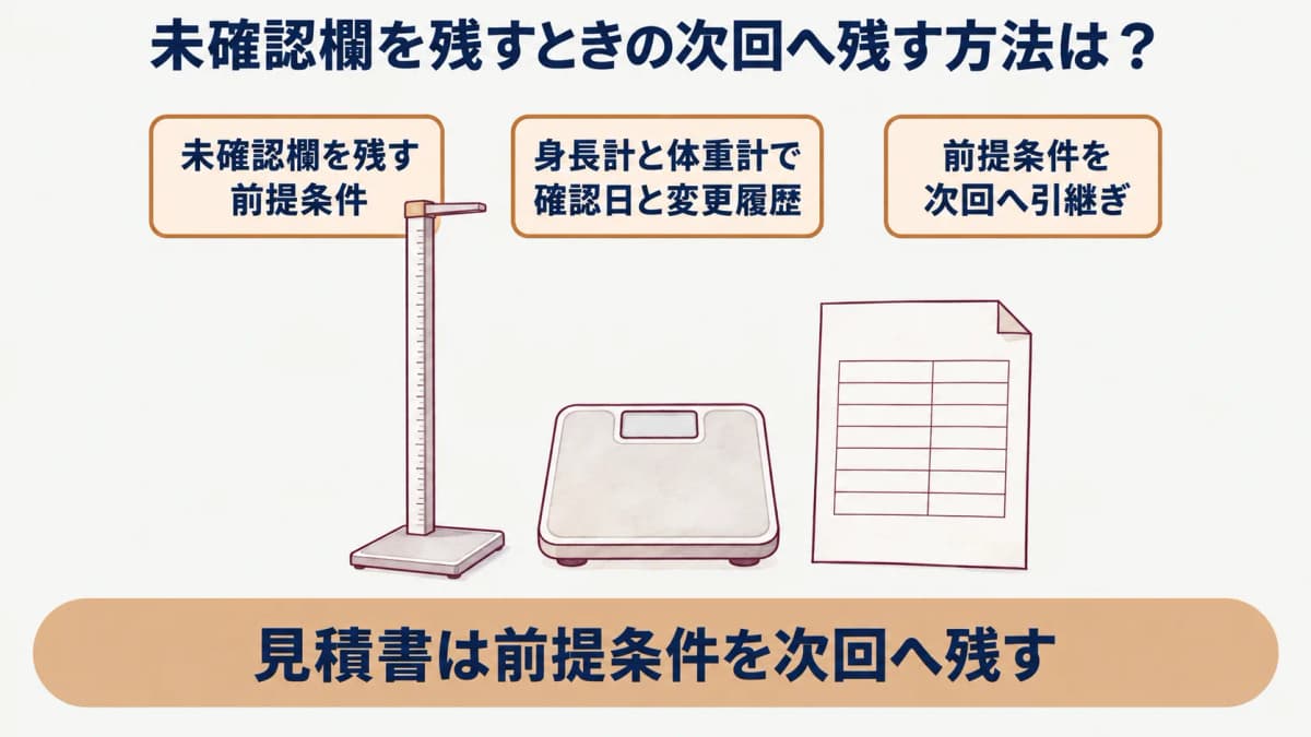 法人健診の見積書:身長計と体重計で確認日と変更履歴を示す図