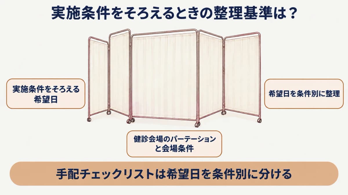 健康診断の手配チェックリスト:健診会場のパーテーションと会場条件を確認する図