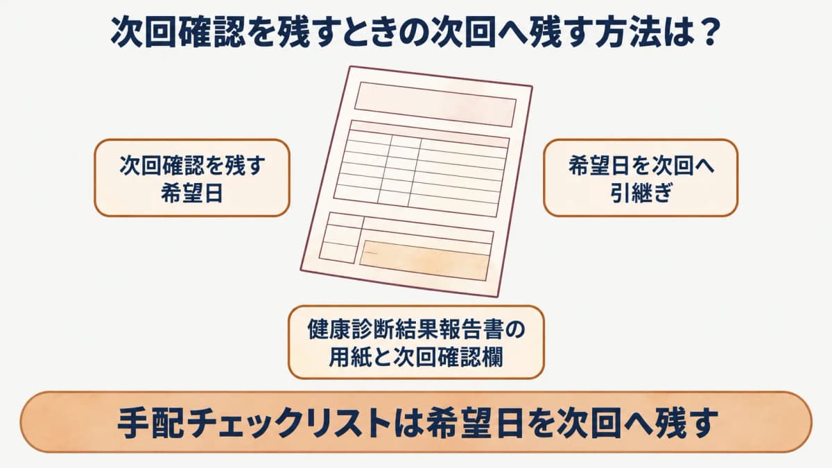 健康診断の手配チェックリスト:健康診断結果報告書の用紙と次回確認欄を示す図