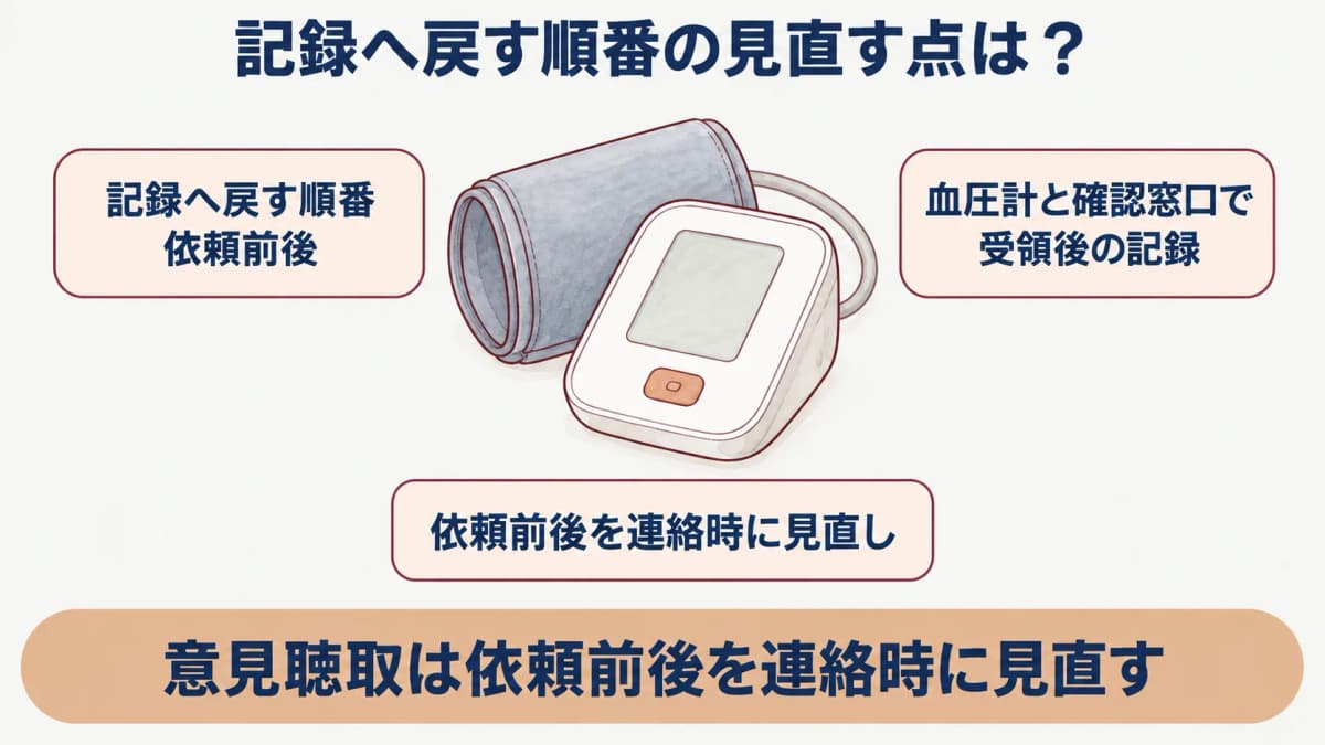 医師の意見聴取:血圧計と確認窓口で受領後の記録を示す図