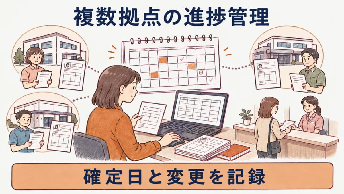 拠点別の確定日と変更履歴を管理する進捗図