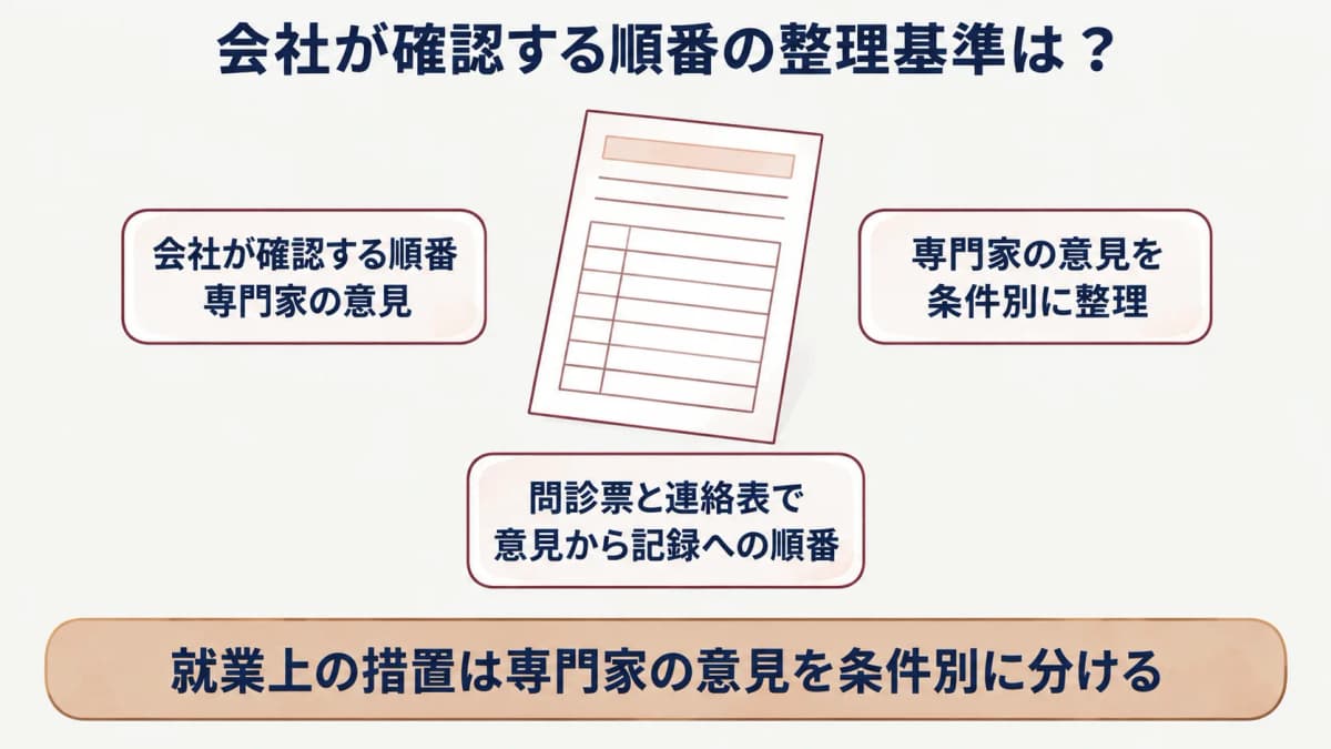 就業上の措置:問診票と連絡表で意見から記録への順番を示す図