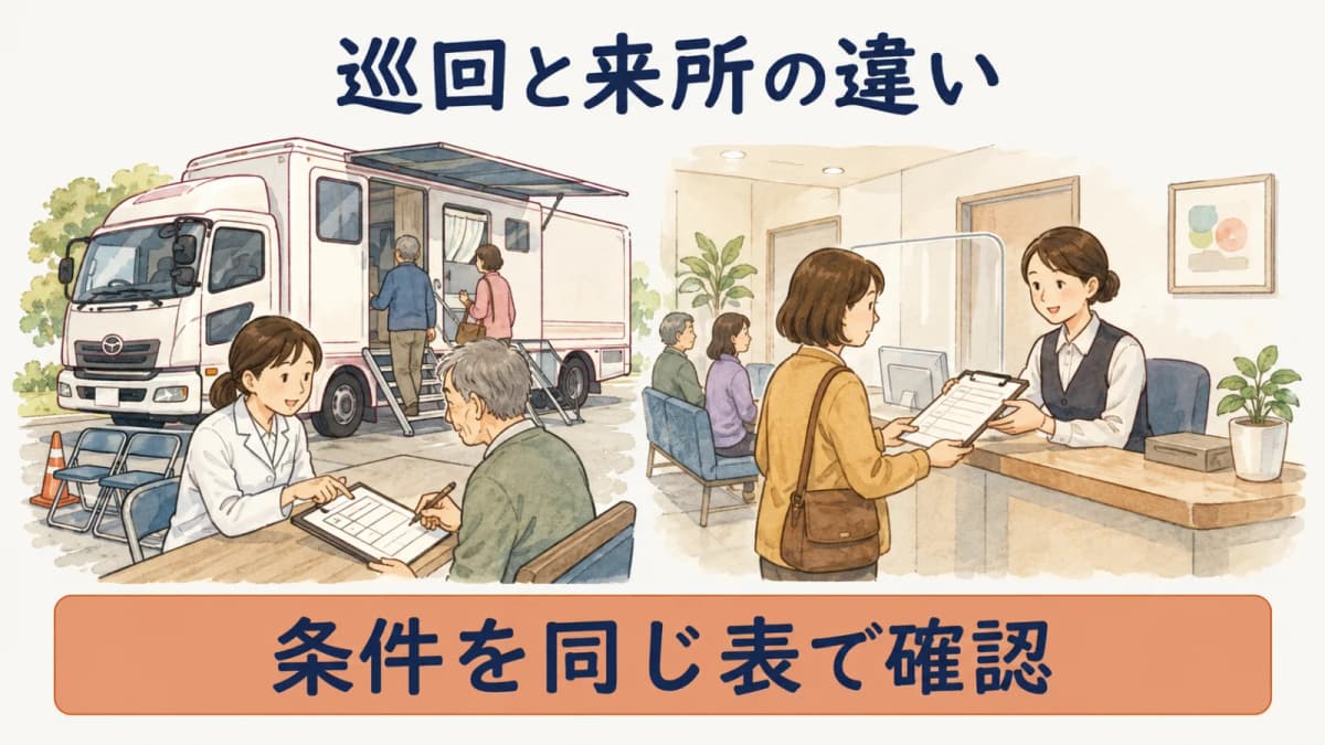 検診車と来所健診の受付を対比した法人健診の方式図