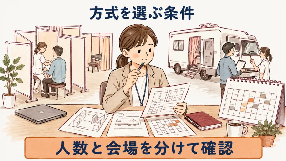 拠点人数と会場条件から方式を確認する担当者の図解