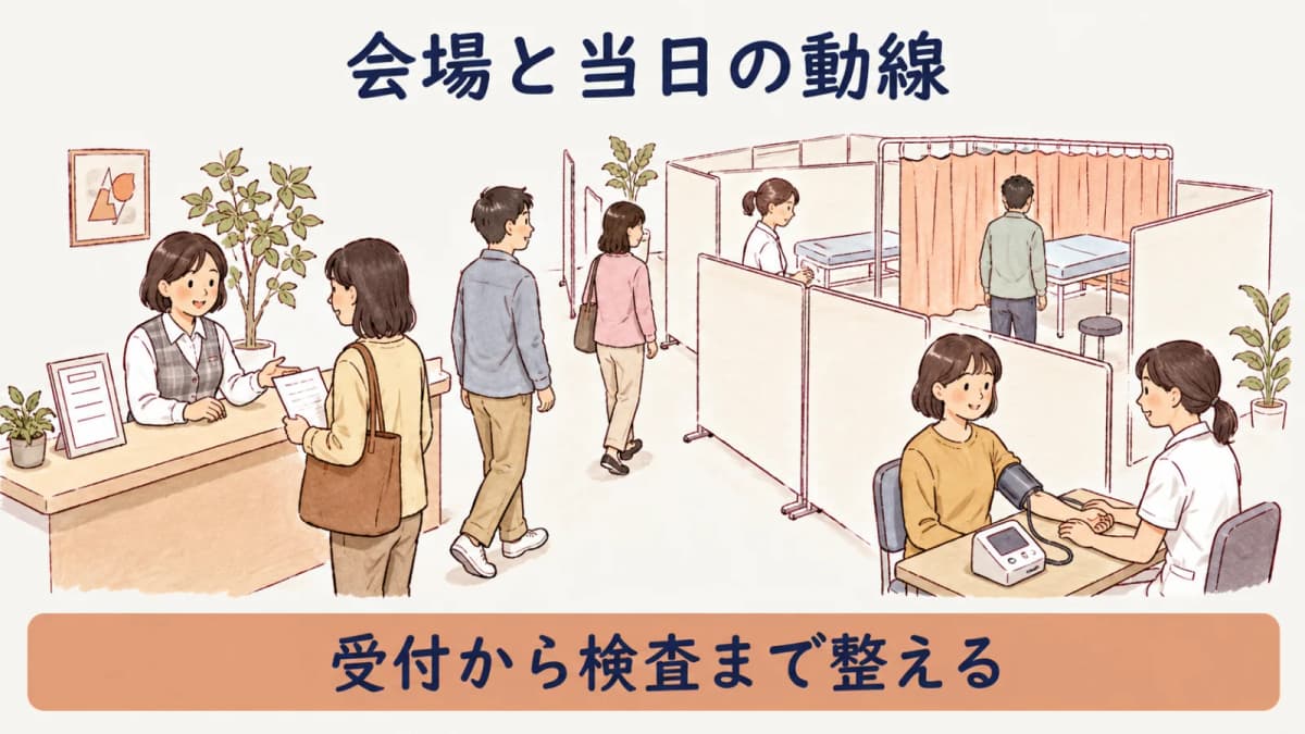 健診会場の受付と当日の動線を整理した準備図