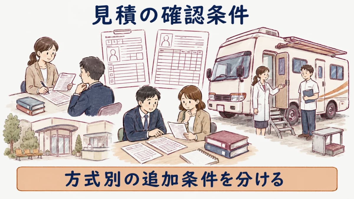巡回と来所の確認欄をそろえた見積比較の図解