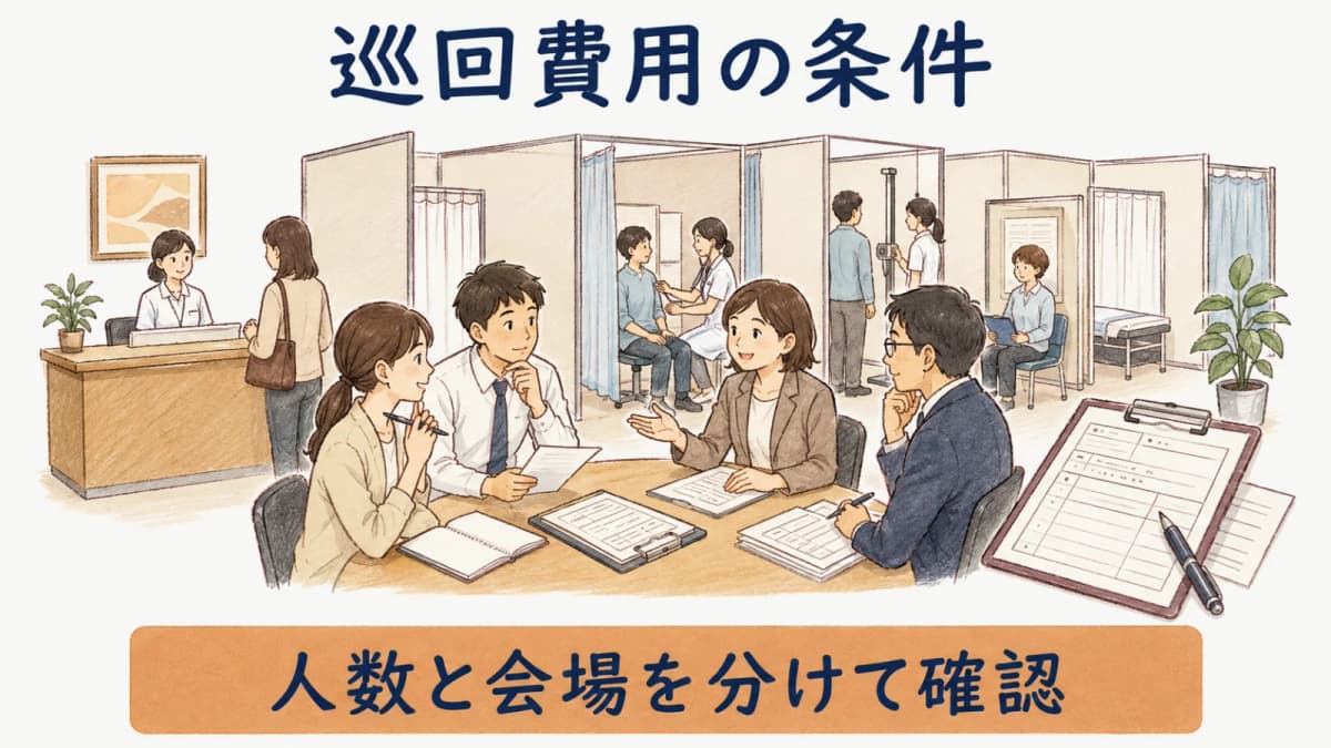 会議室の健診会場と見積条件を整理する図解