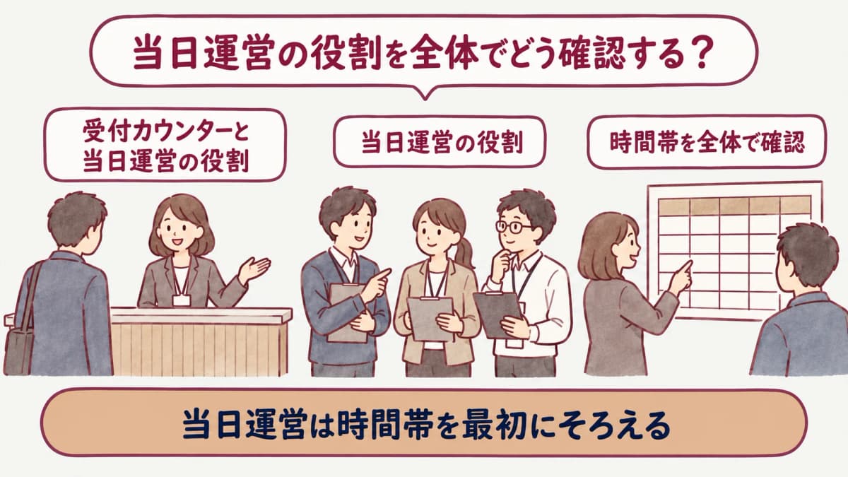 巡回健診の当日運営:受付カウンターと当日運営の役割を示す図