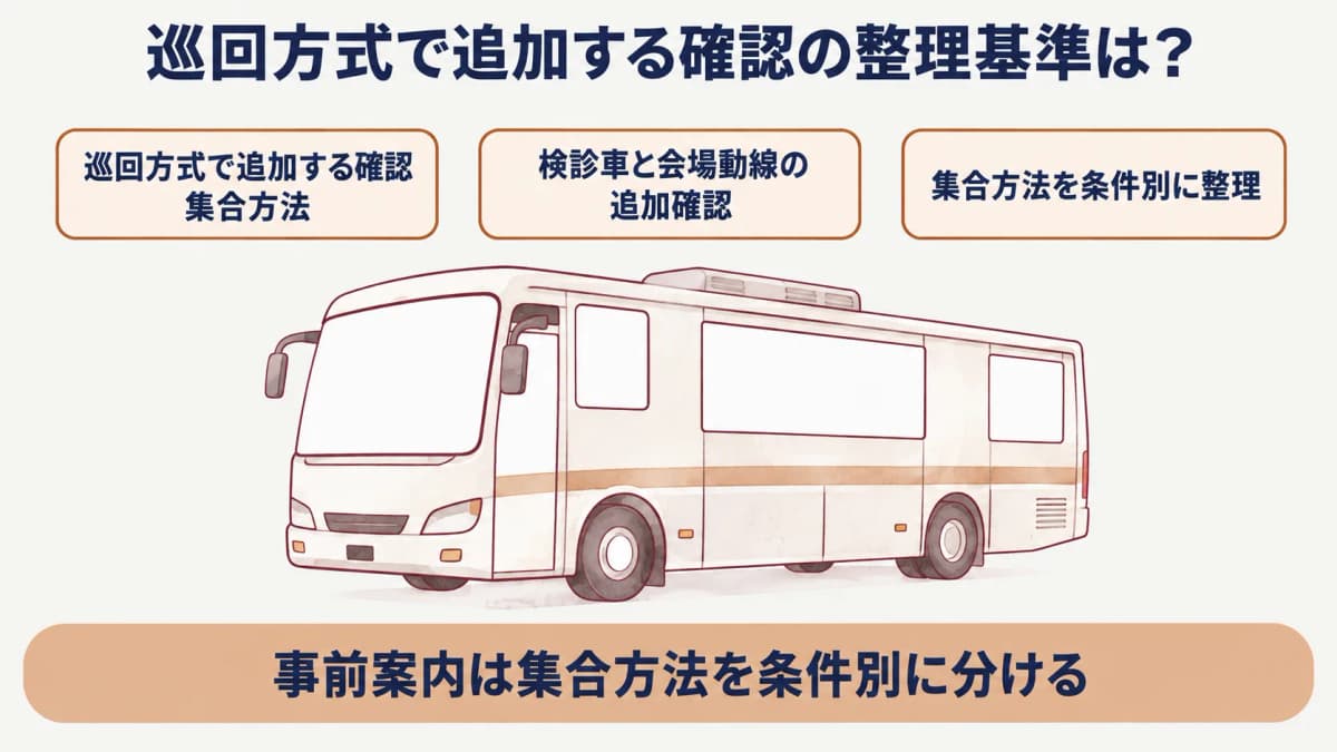 巡回健診の事前案内:検診車と会場動線の追加確認を示す図