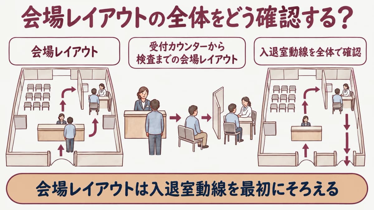 巡回健診の会場レイアウト:受付カウンターから検査までの会場レイアウトを示す図