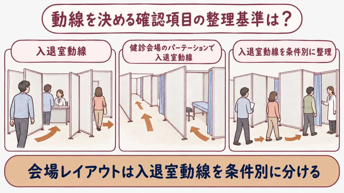 巡回健診の会場レイアウト:健診会場のパーテーションで入退室動線を示す図