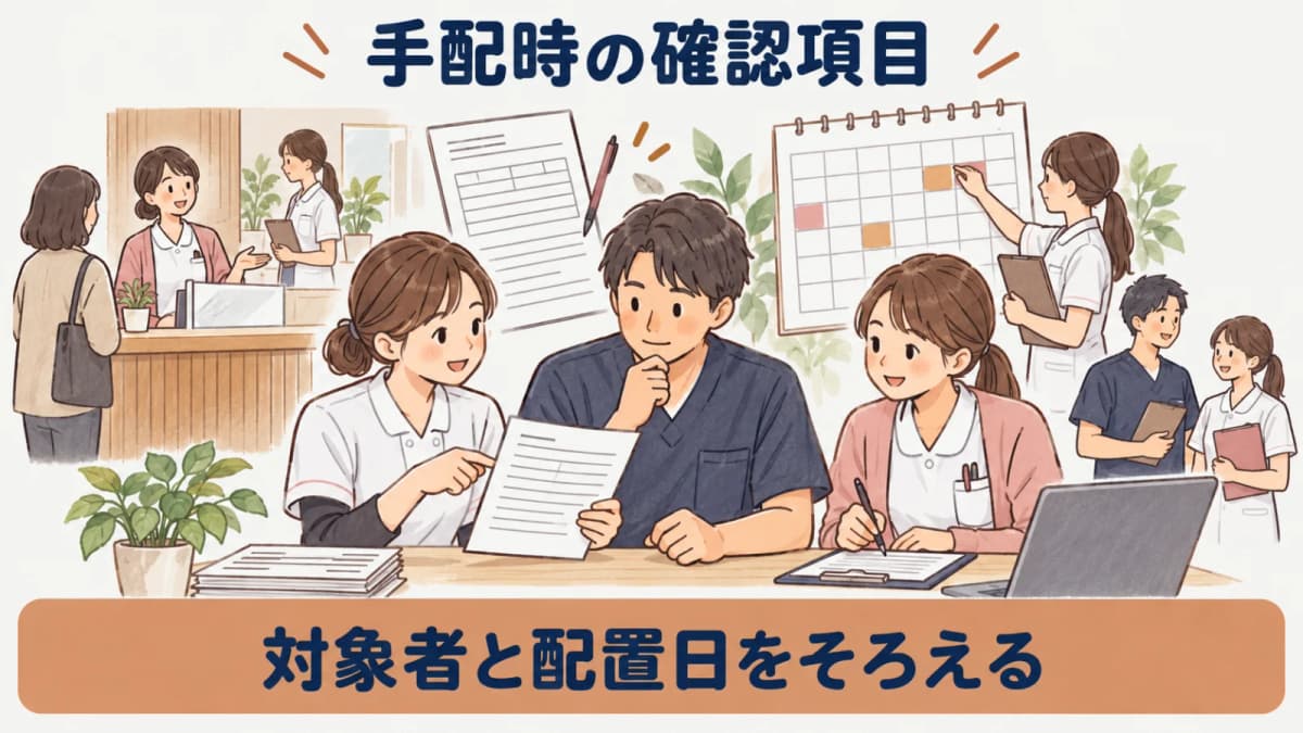 対象者と配置日を健診手配表へ整理する図解