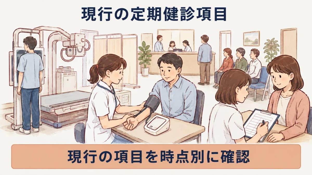 現行の定期健康診断項目を整理した早見表