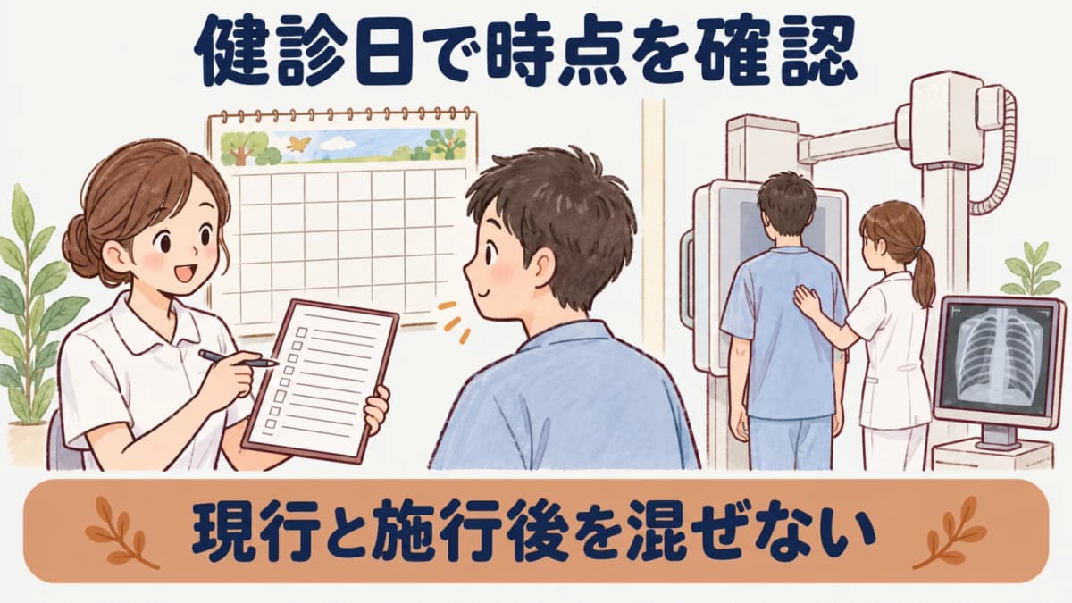 健診日を基準に現行と施行後を分ける手配図
